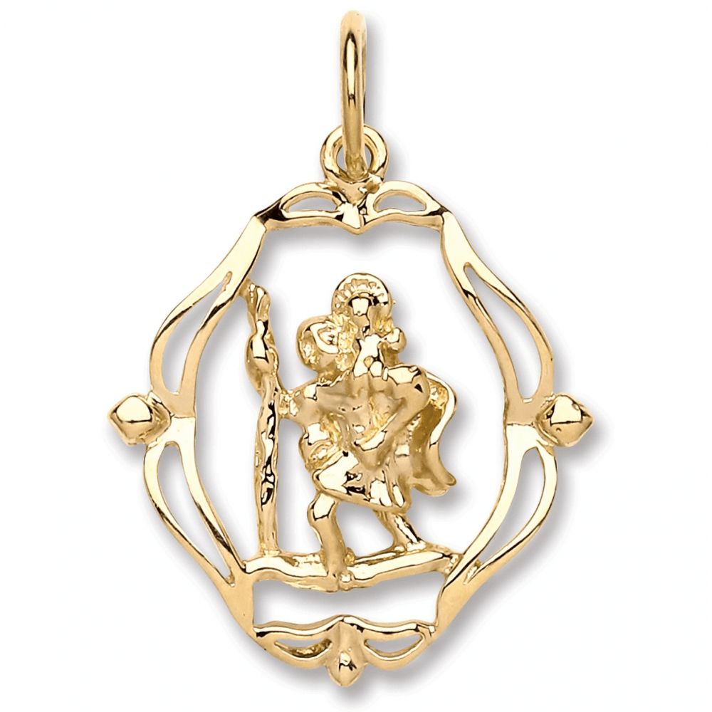 Yellow Gold Oval Fancy Cut Out St Christopher Pendant