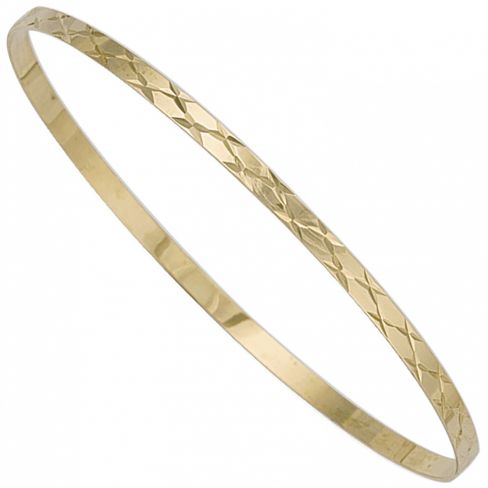 Ladies Solid 9ct Yellow Gold Diamond Cut Flat Band Slave 3mm Bangle