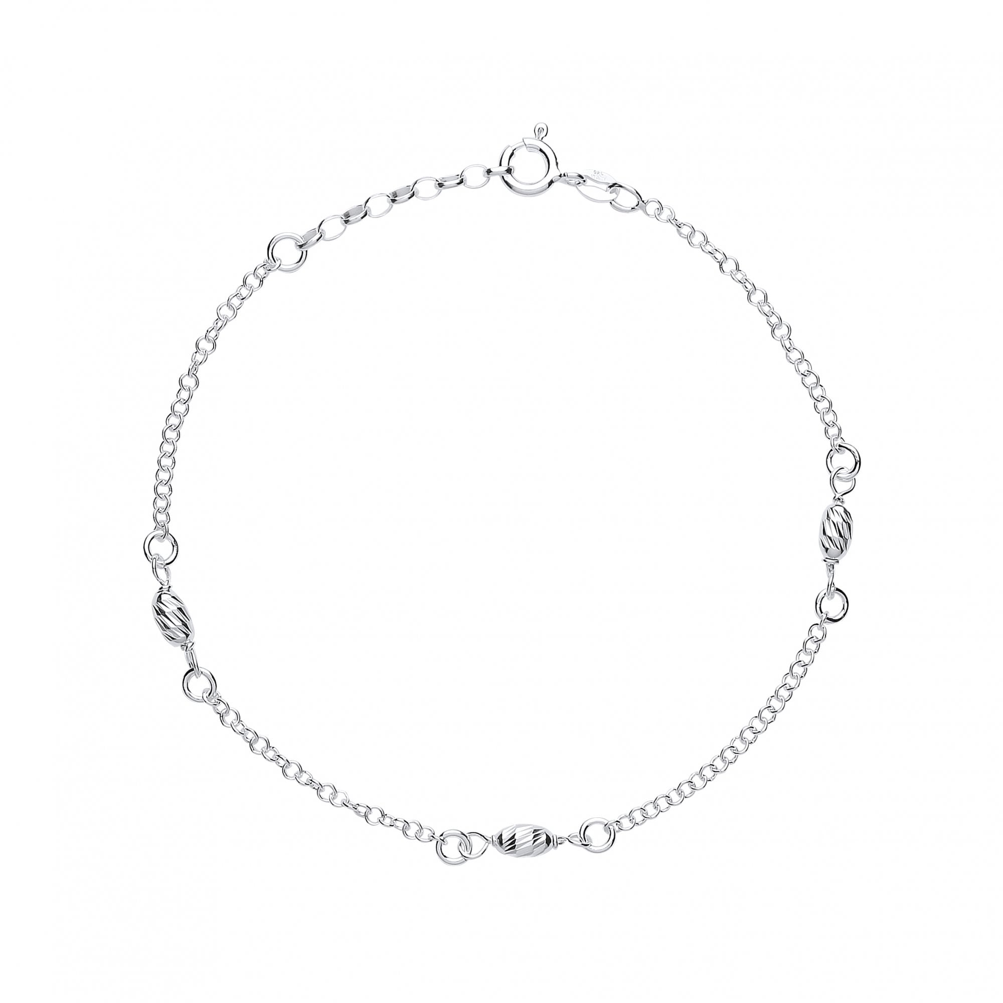 925 Sterling Silver Belcher & Diamond Cut Bead Fancy 10" Anklet