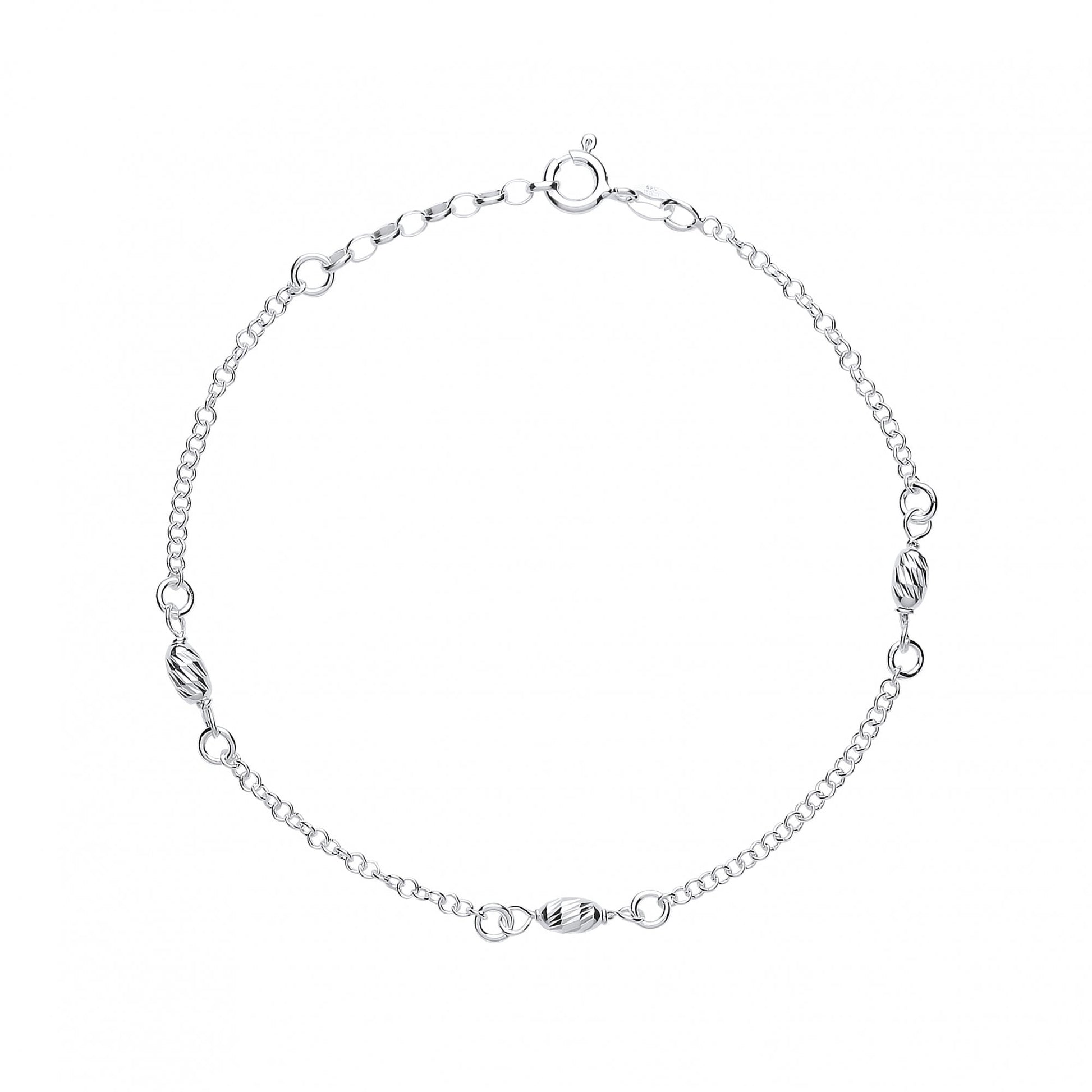 925 Sterling Silver Belcher & Diamond Cut Bead Fancy 10" Anklet