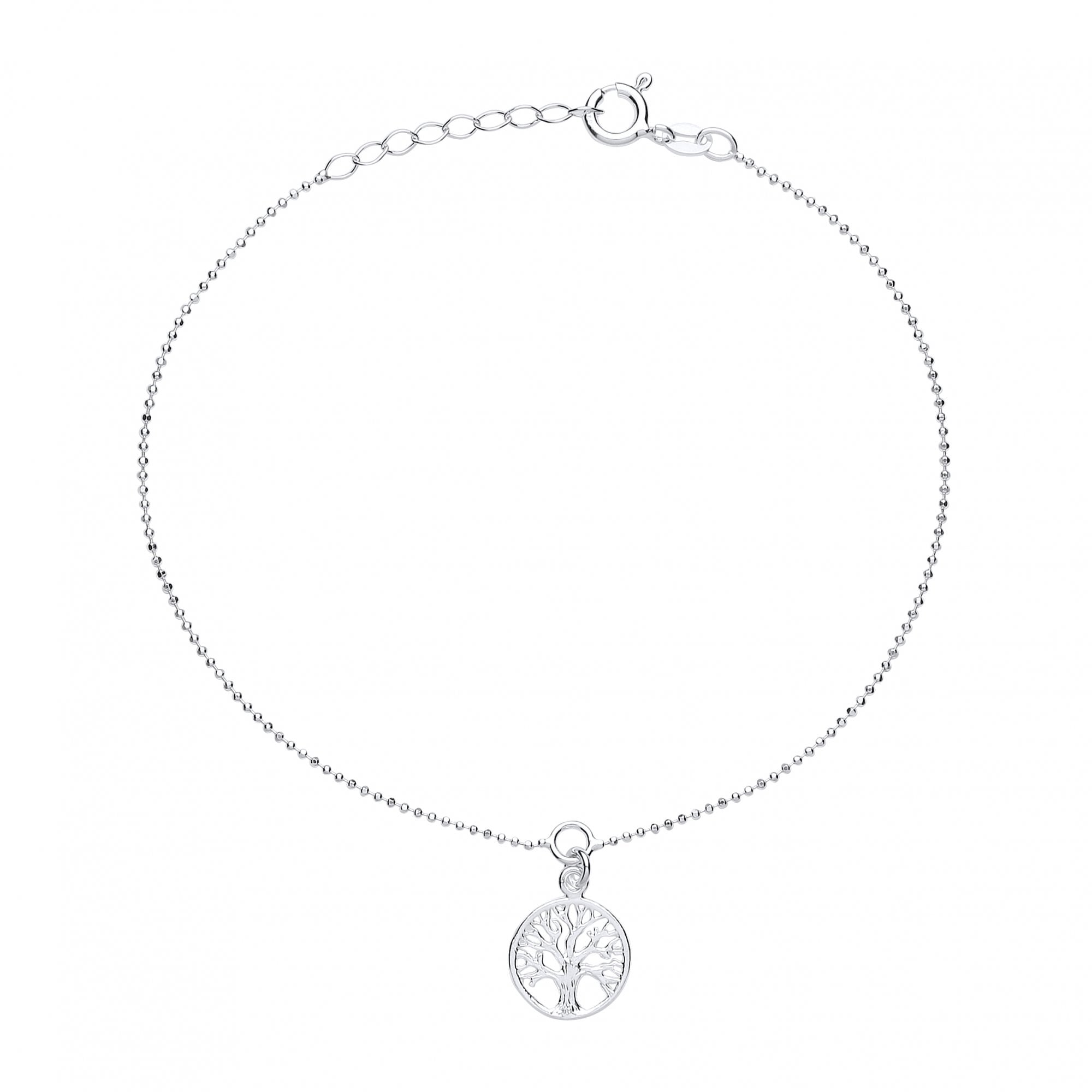 925 Sterling Silver Fancy 10" Bead Anklet With Tree Of Life Charm