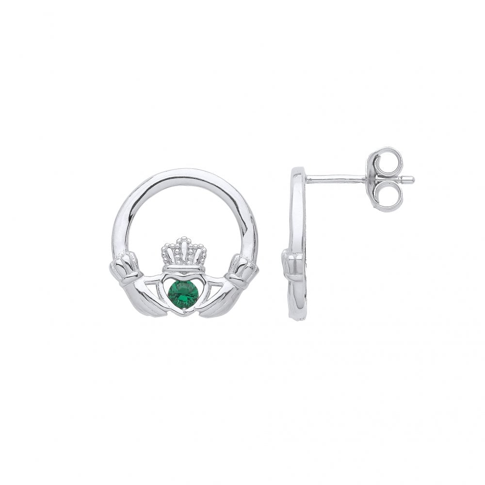 Silver Emerald Claddagh Stud Earrings