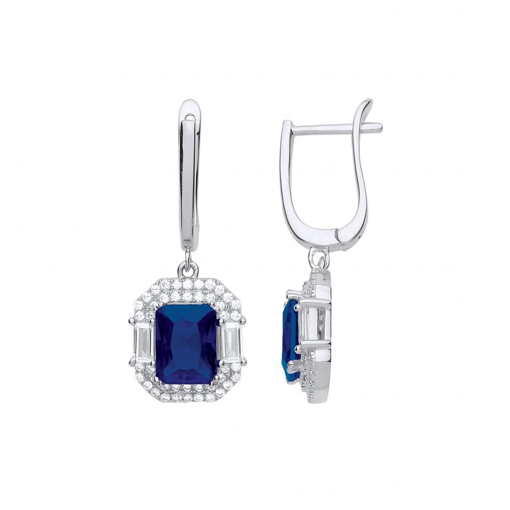 Silver Rhodium Plated CZ & Sapphire Fancy Drop Earrings