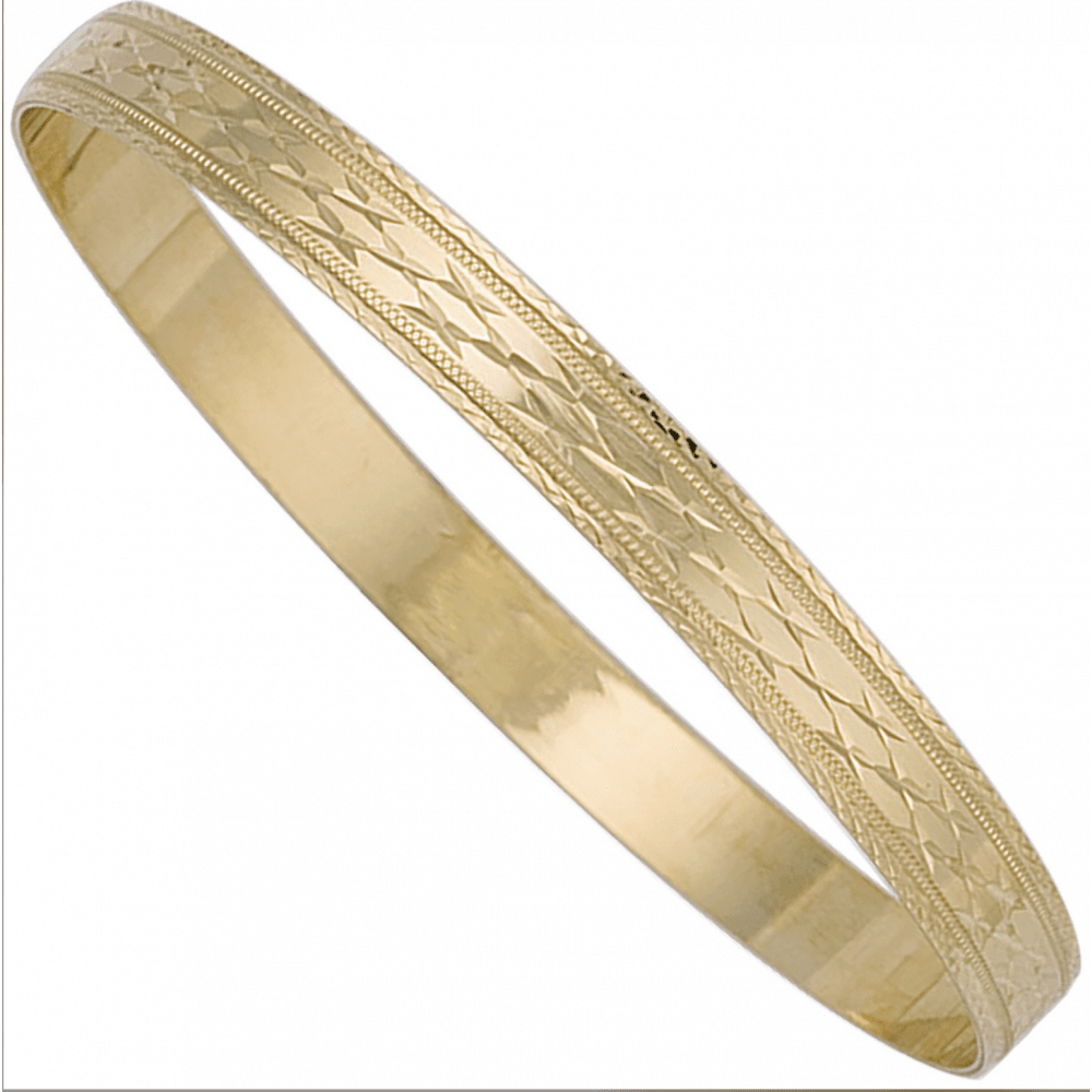 Ladies Solid 9ct Yellow Gold Diamond Cut Flat Band Slave 6mm Bangle