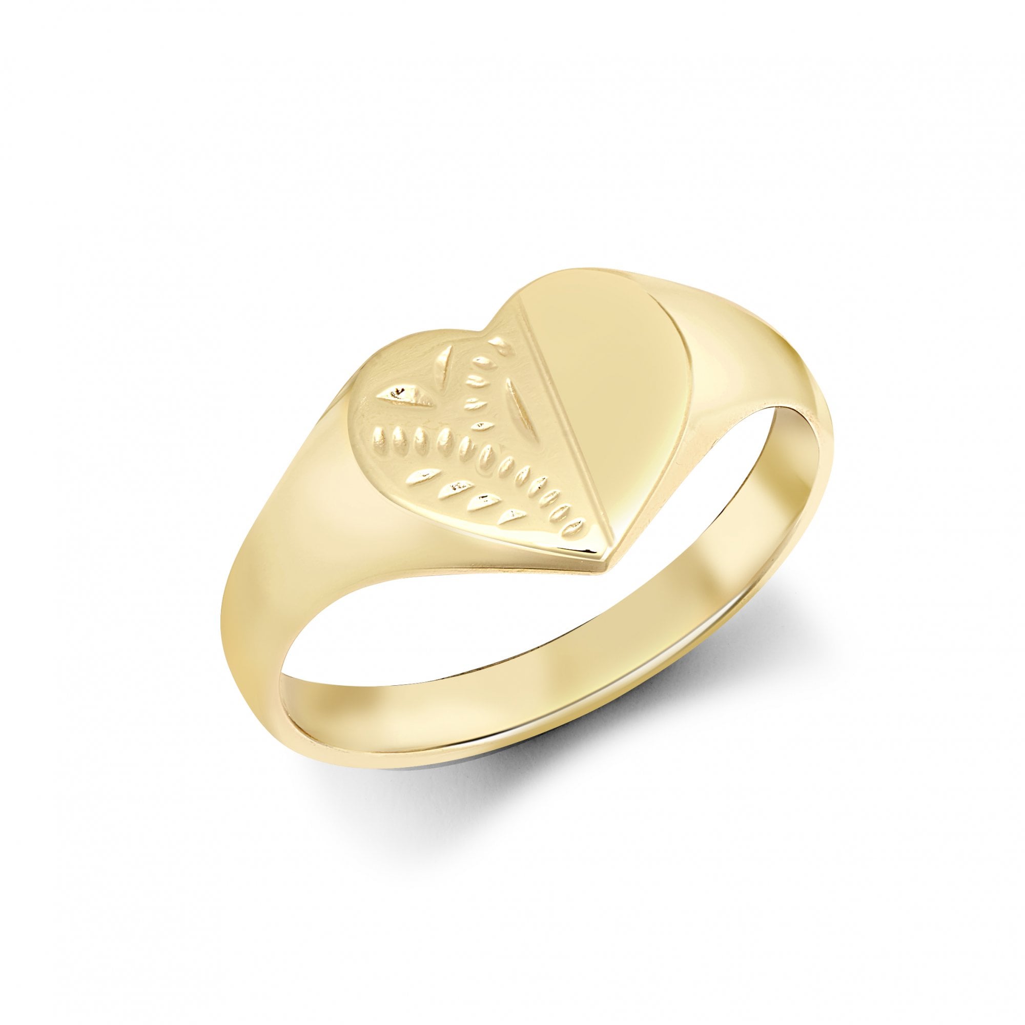 Ladies Solid 9ct Yellow Gold Diamond Cut Love Heart Signet Ring
