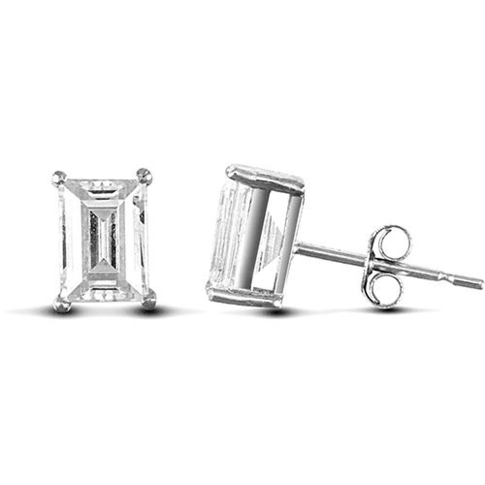 Solid 9ct White Gold White Emerald Cut Cubic Zirconia 4 Claw Solitaire Heavy Weight Stud Earrings, 7x5mm