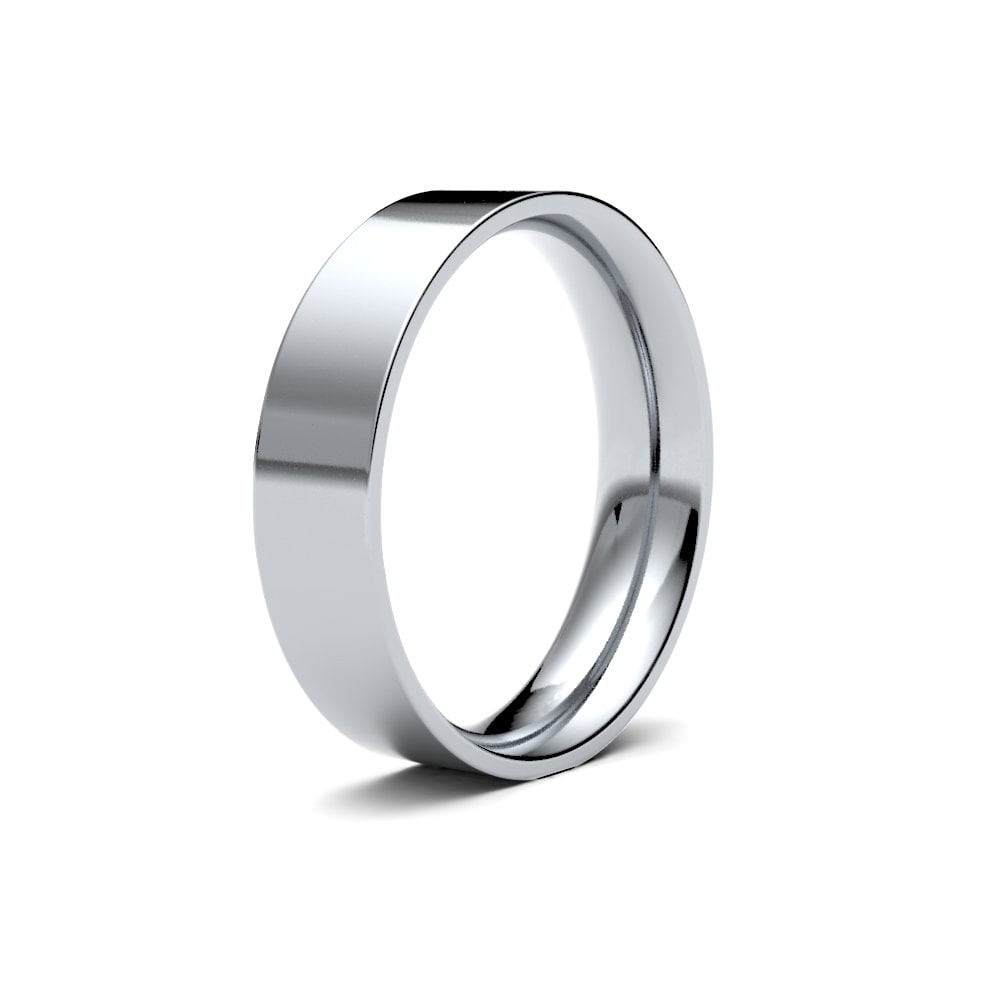18ct White Gold 5mm Classic Flat Court Profile Mirror Finish Wedding Ring