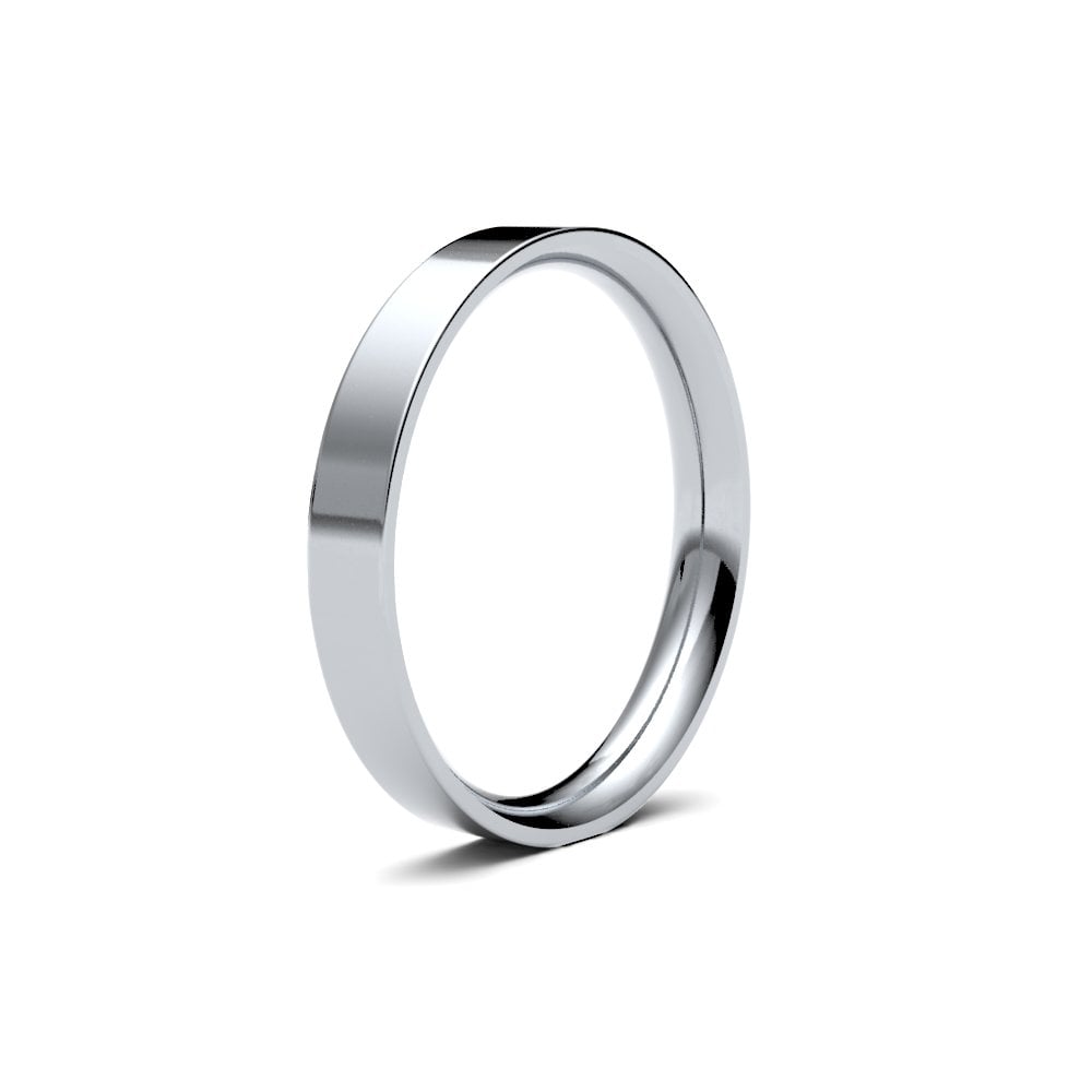 9ct White Gold 3mm Classic Flat Court Profile Mirror Finish Wedding Ring