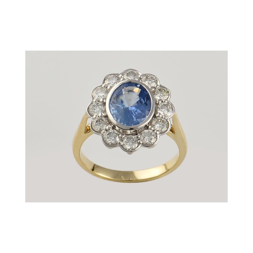 9ct Yellow And White Gold Sapphire 1.96ct And Diamond 1.02ct Cluster Ring