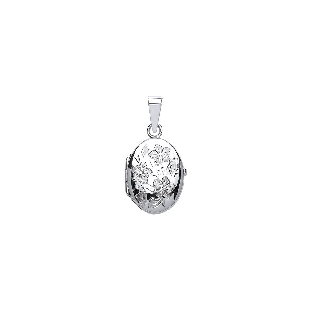 925 Sterling Silver Flower Engraved Oval Locket