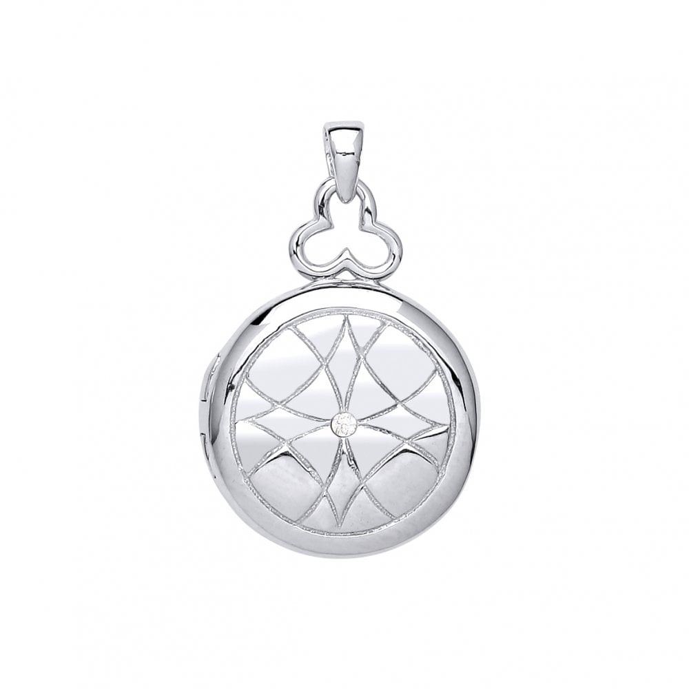 925 Sterling Silver Round Engraved Locket With Single CZ Stone