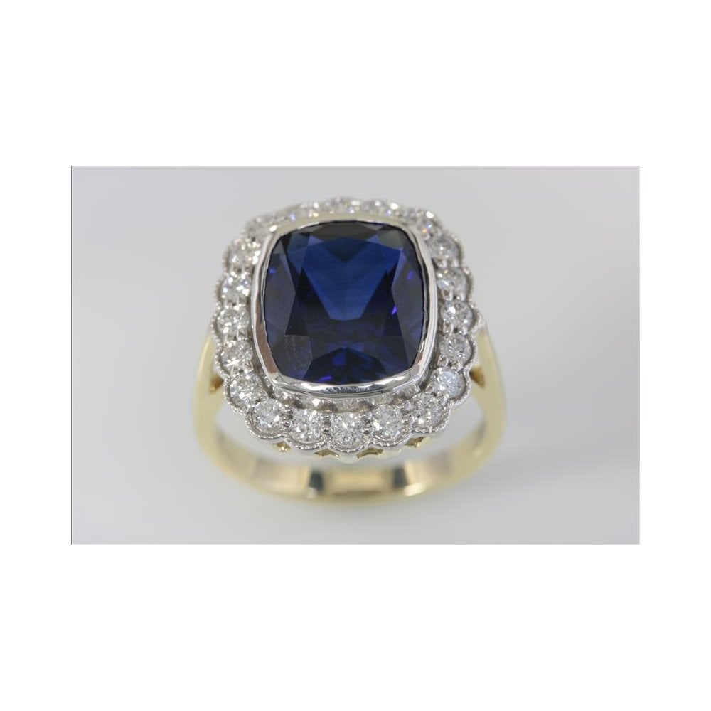 9ct Yellow And White Gold Laboratory Grown Sapphire 6.89ct And Laboratory Grown Diamond 0.67ct Cluster Ring
