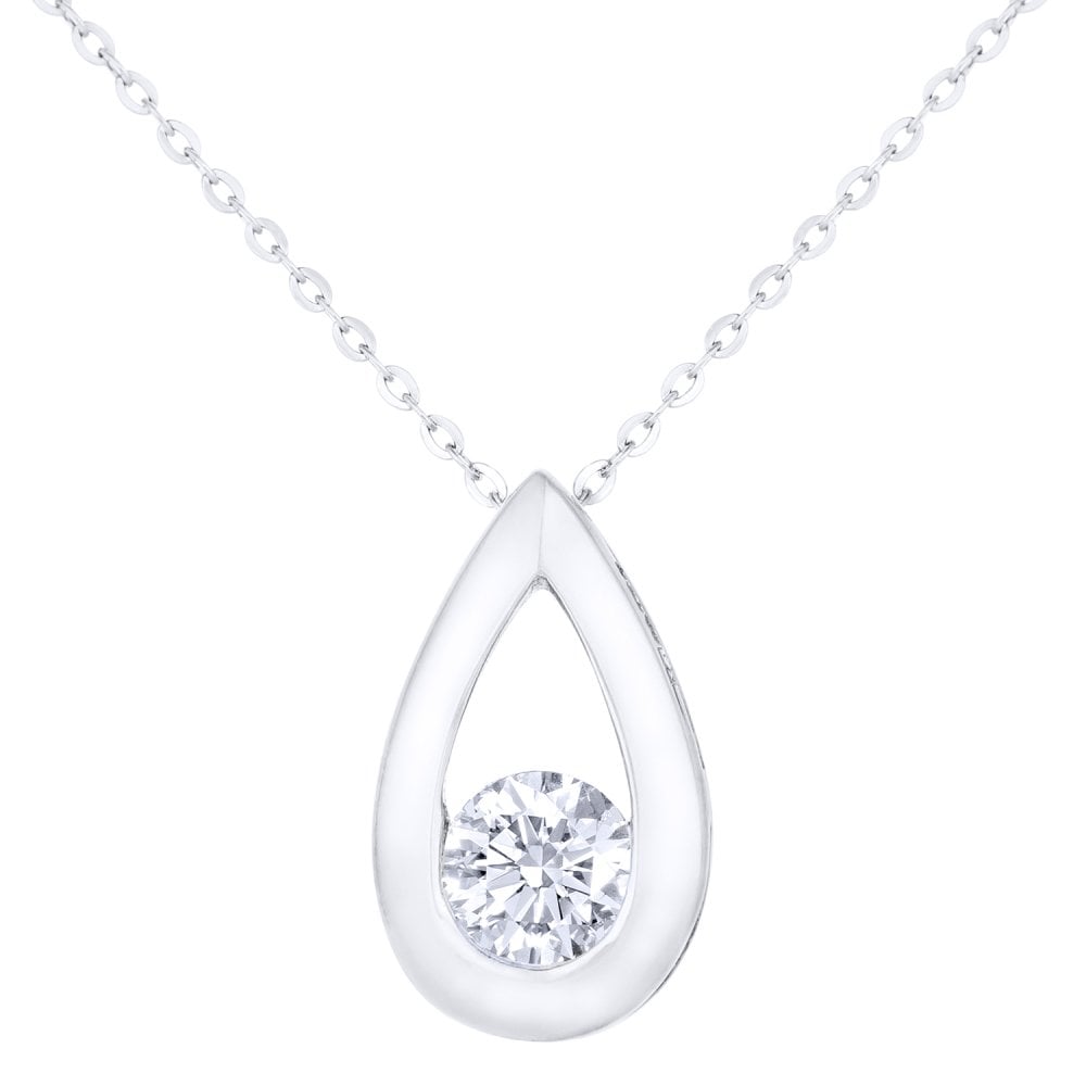 SPARKLD 9ct White Gold 0.33ct Round Brilliant Diamond Teardrop Pendant on Chain of Length 46 cm