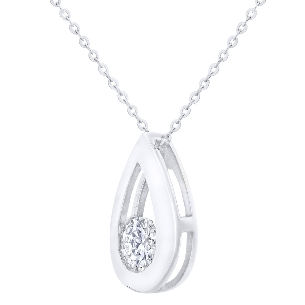 SPARKLD 9ct White Gold 0.33ct Round Brilliant Diamond Teardrop Pendant on Chain of Length 46 cm