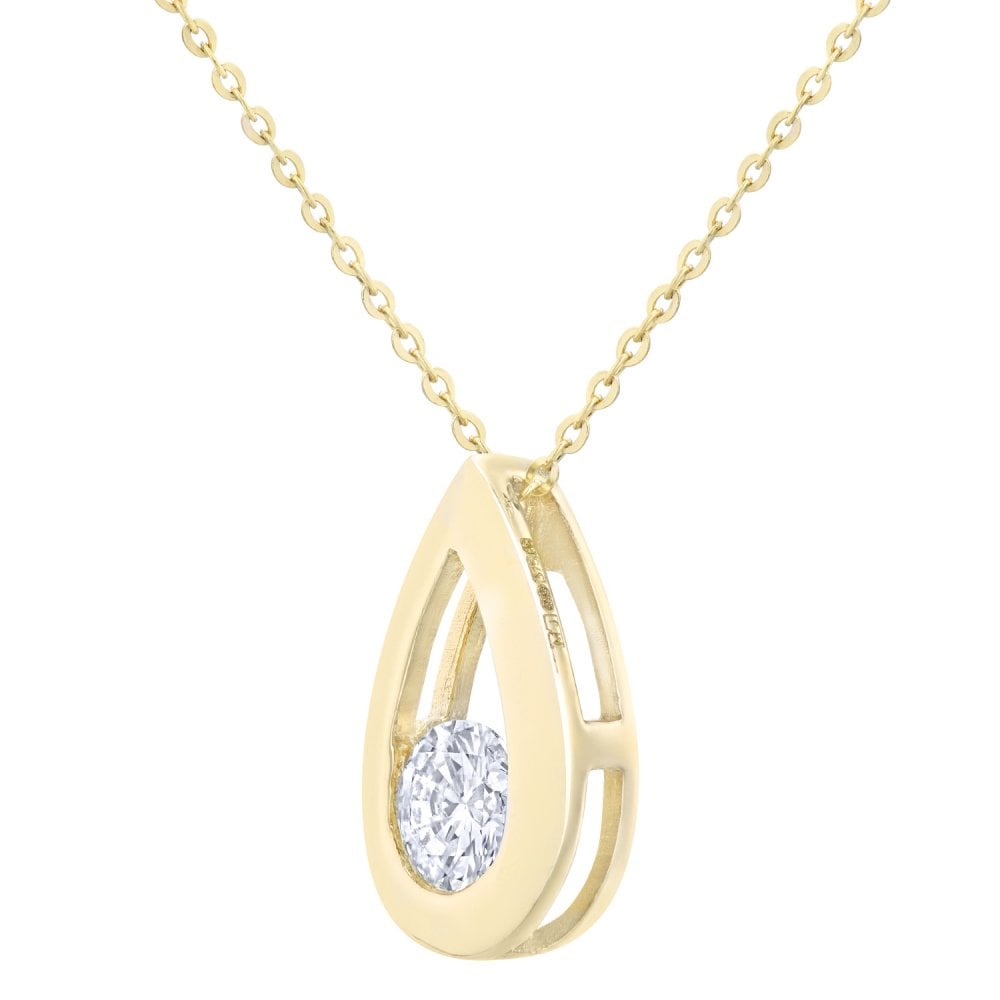 SPARKLD 9ct Gold 0.33ct Round Brilliant Diamond Teardrop Pendant on Chain of Length 46 cm