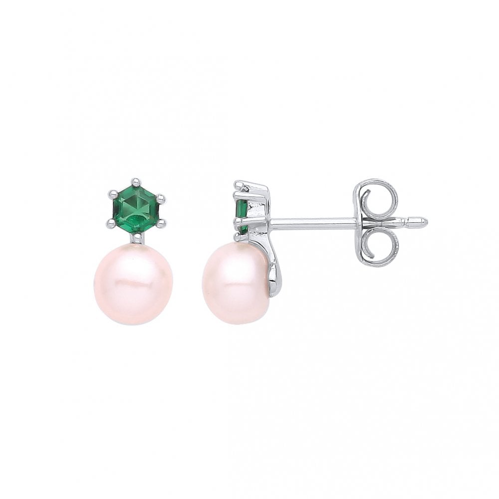 925 Sterling Silver Emerald & Fresh Water Pearl Stud Earrings