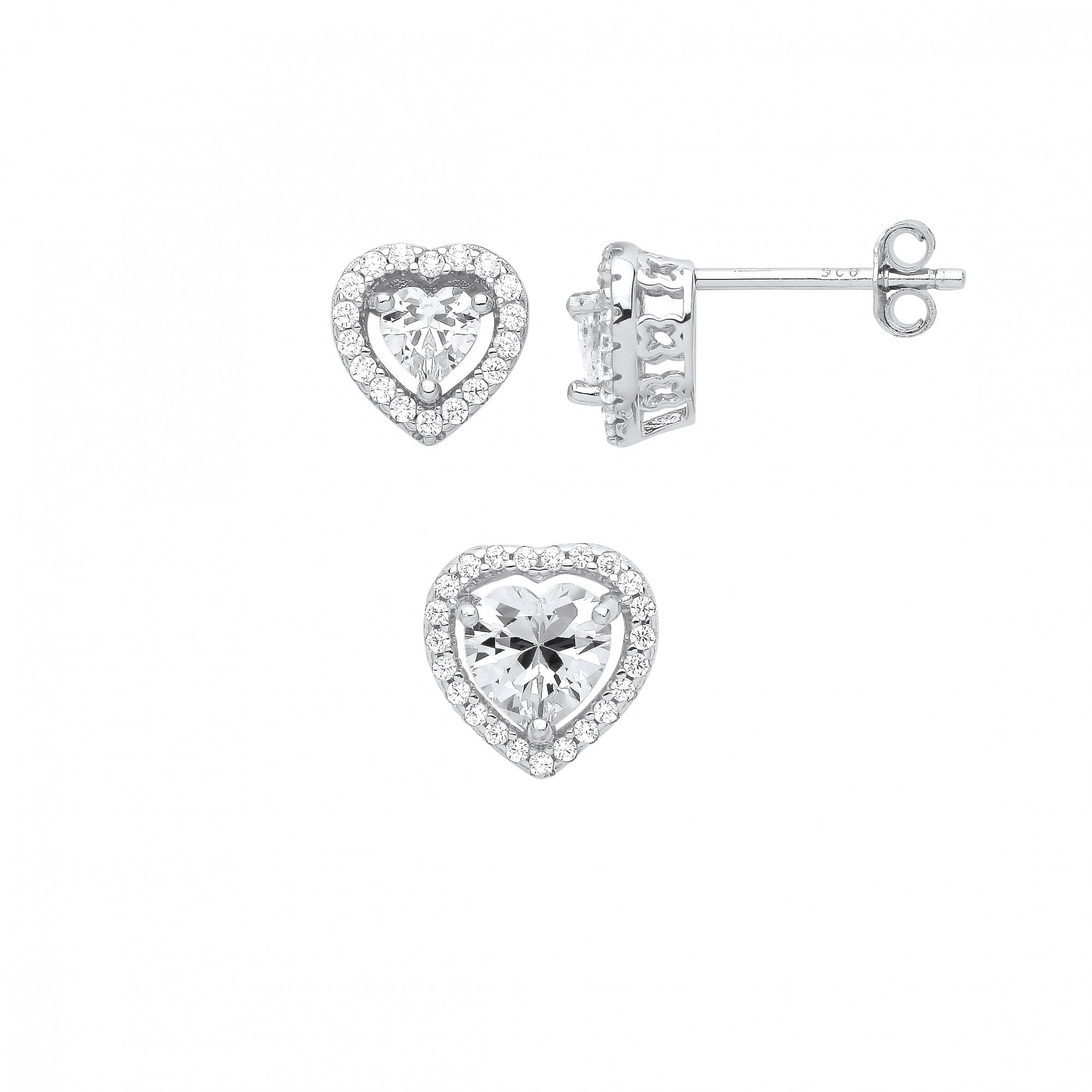 Silver CZ Heart Stud Earring & Pendant Set
