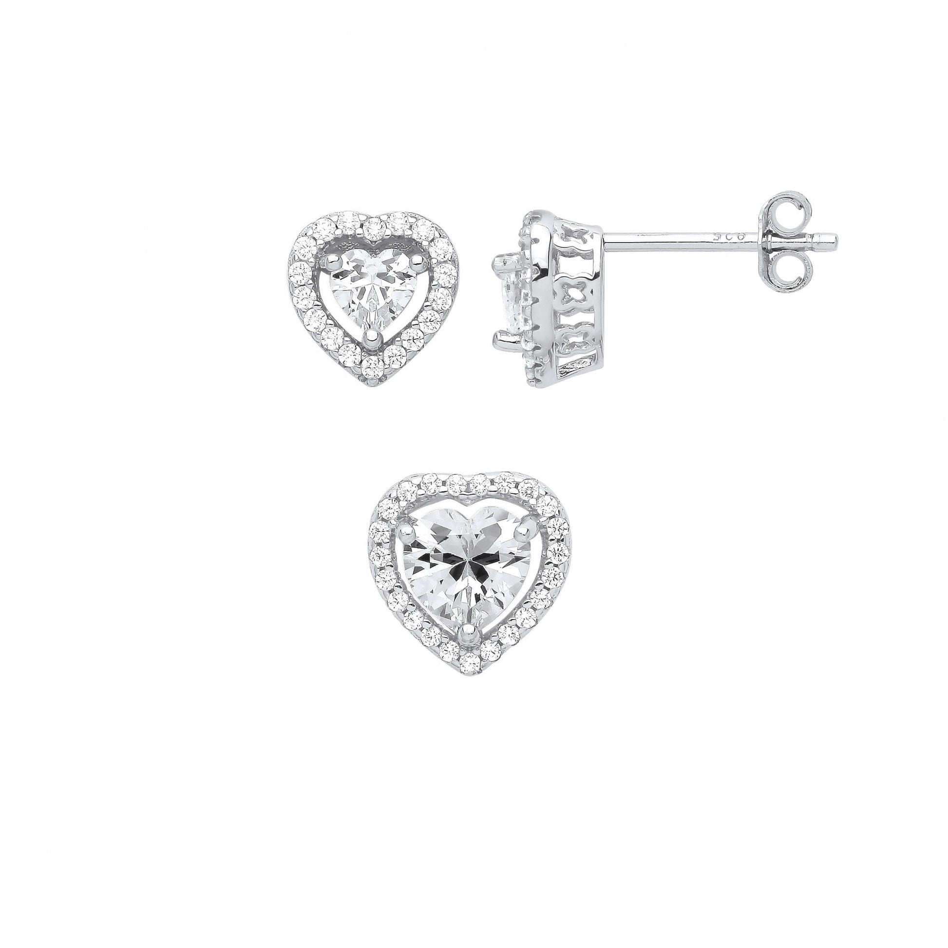 Silver CZ Heart Stud Earring & Pendant Set