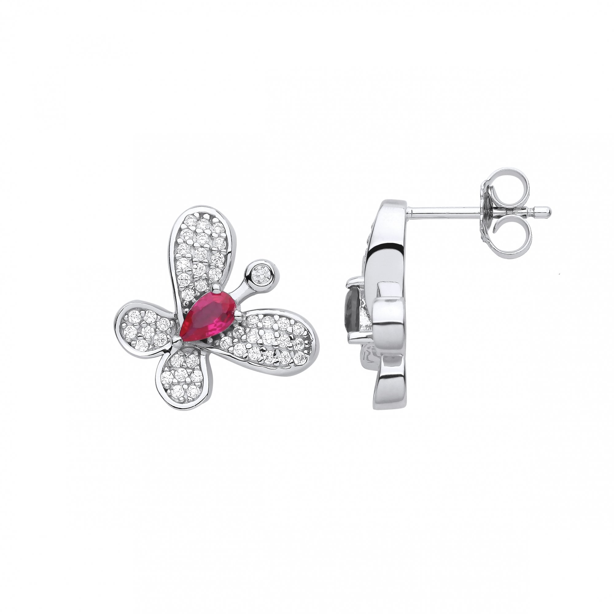 Silver CZ & Ruby Butterfly Stud Earrings