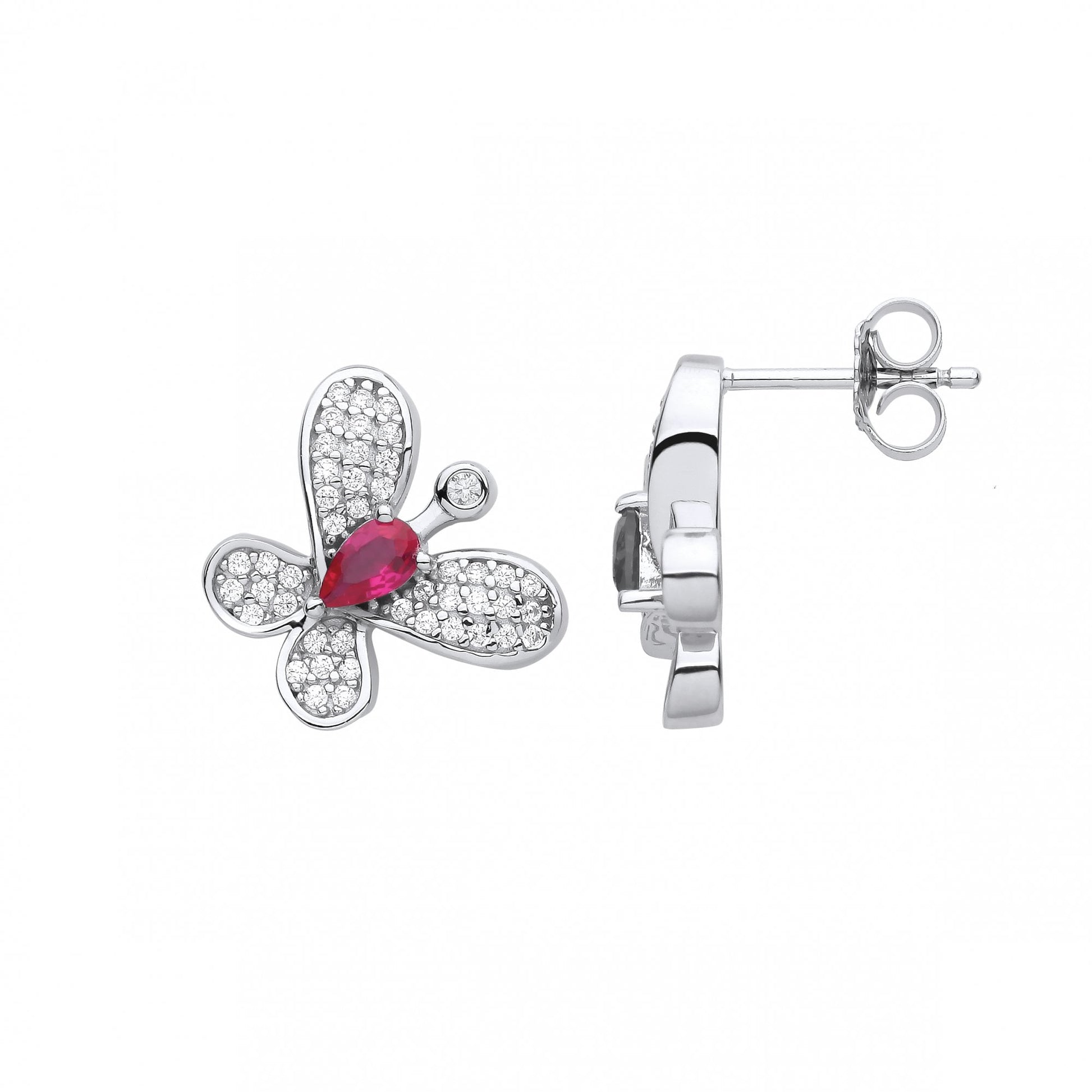 Silver CZ & Ruby Butterfly Stud Earrings