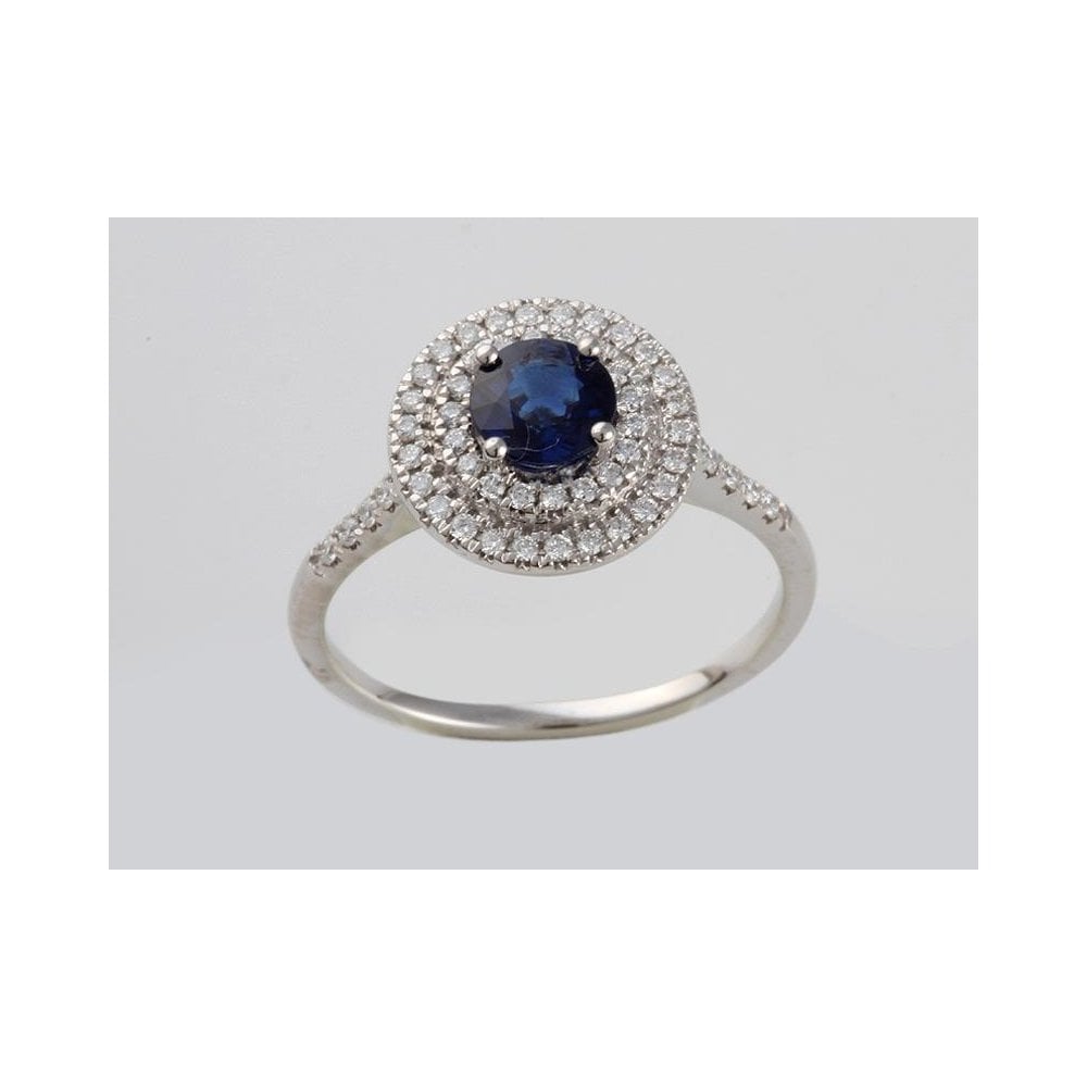 18ct White Gold Sapphire 0.77ct And Diamond 0.27ct Cluster Ring With Diamond Set Shoulders