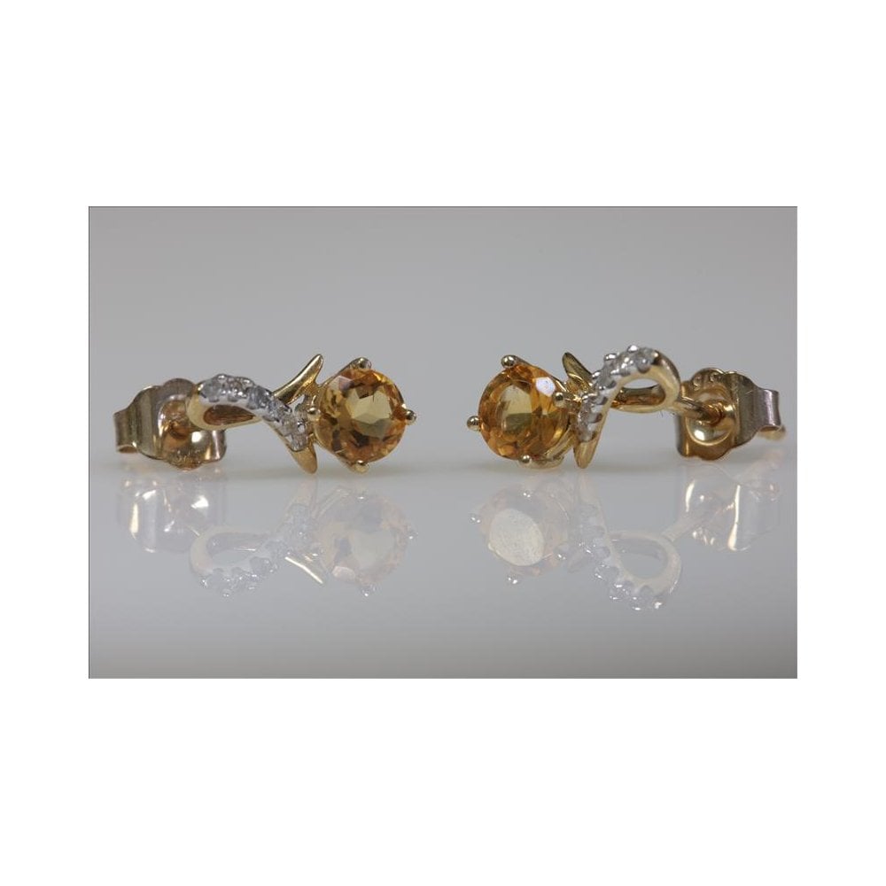 9ct Yellow Gold Citrine And Diamond 0.05ct Crossover Stud Earrings