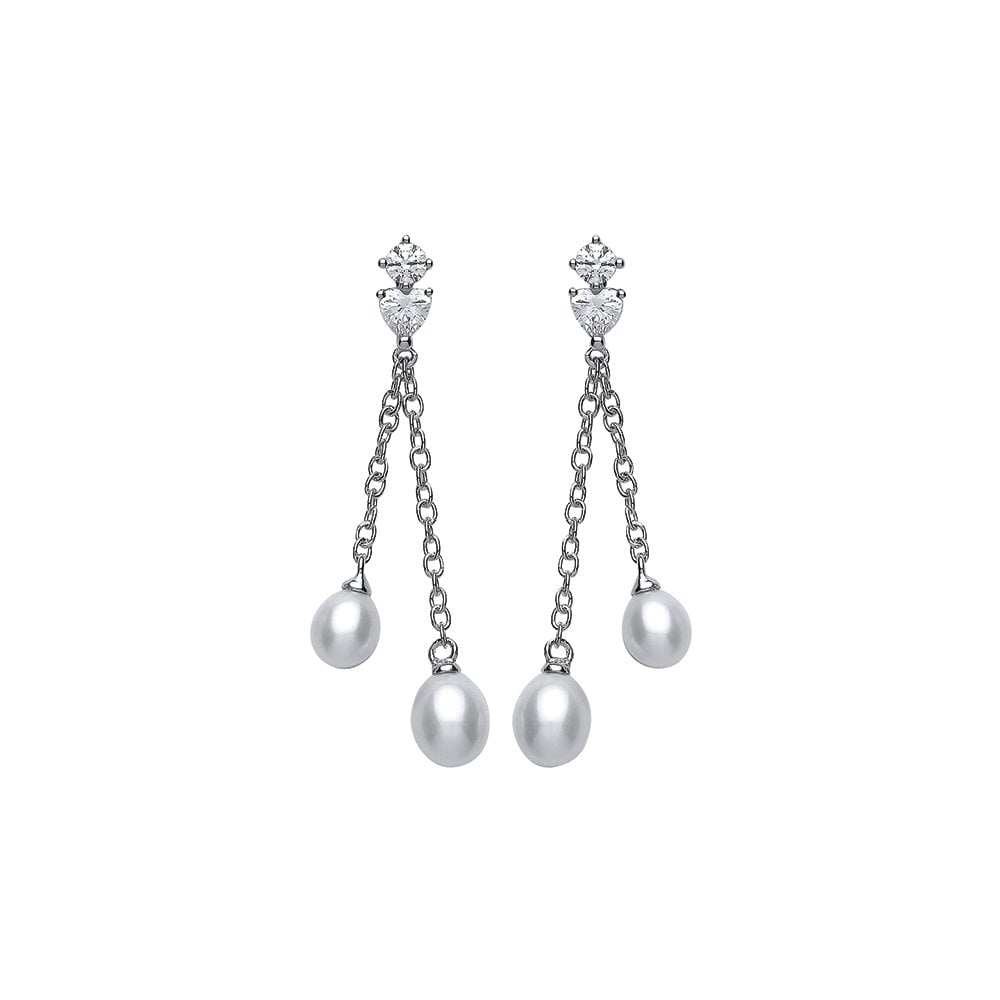 Sterling 925 Sterling Silver Freshwater Pearl & CZ Chain Drop Earrings
