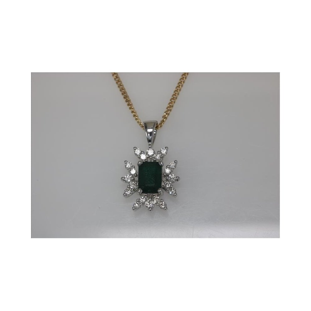 9ct White Gold Emerald 0.81ct And Diamond 0.35ct Cluster Pendant