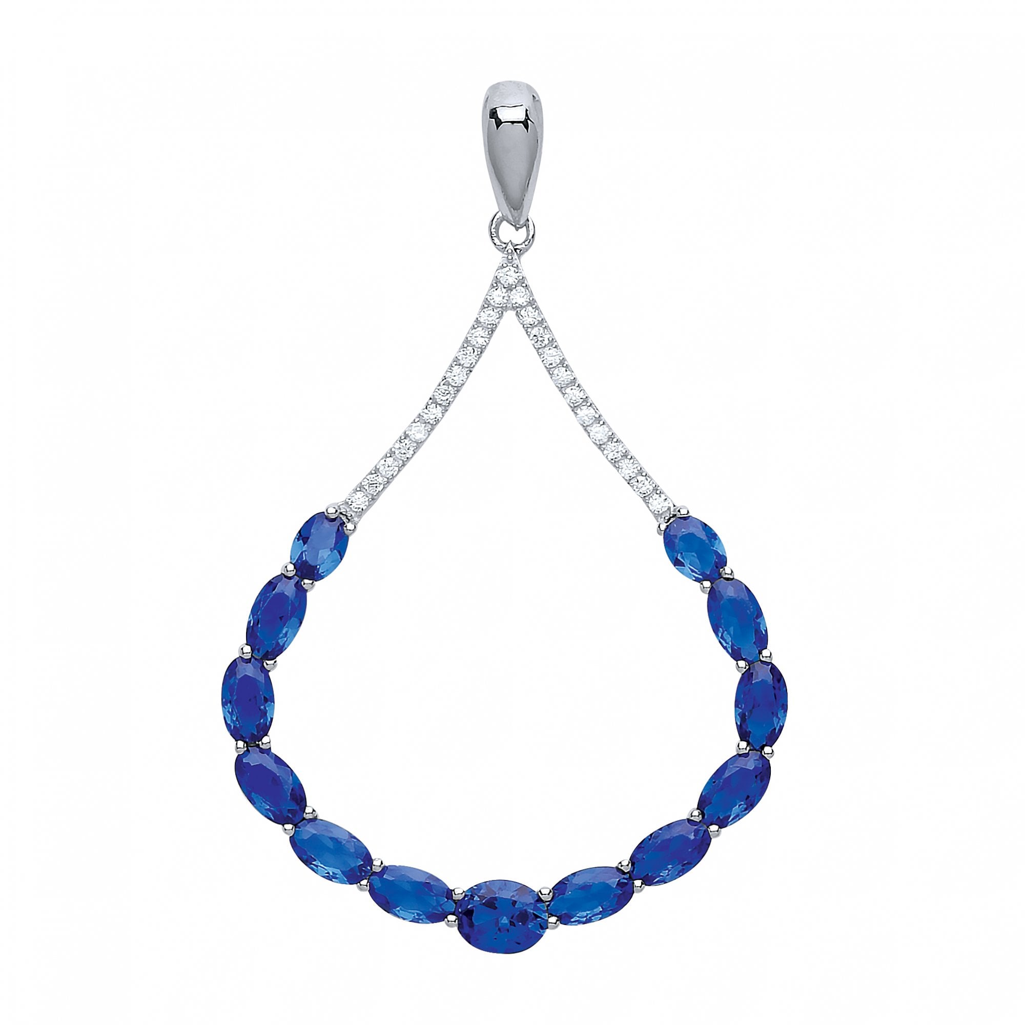 925 Sterling Silver CZ & Sapphire Tear Drop Fancy Pendant