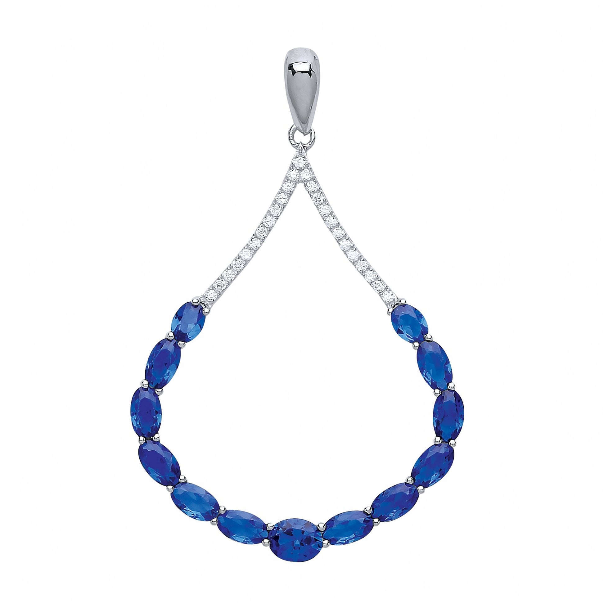 925 Sterling Silver CZ & Sapphire Tear Drop Fancy Pendant