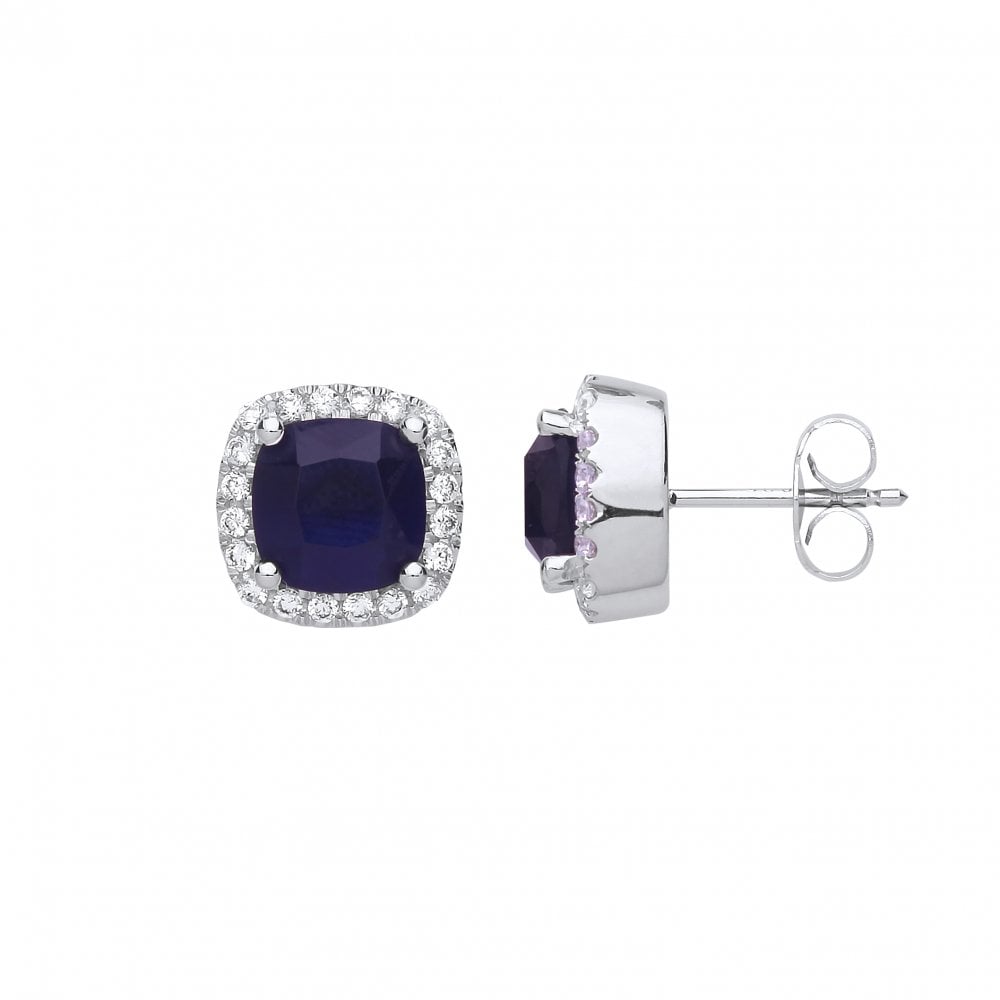 925 Sterling Silver CZ & Sapphire Cushion Cut Stud Earrings