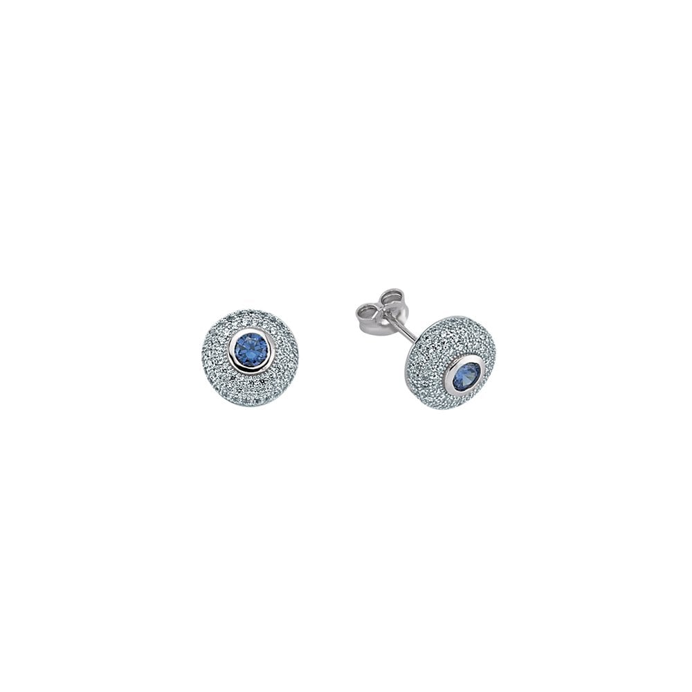 925 Sterling Silver CZ Round Sapphire Studs With Micropav�� Surroundings