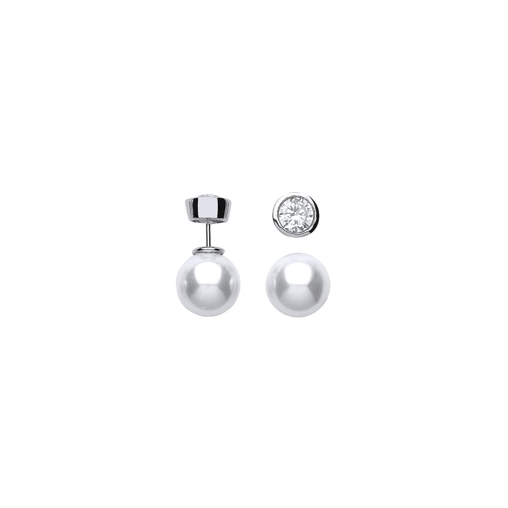 925 Sterling Silver Double Sided Pearl & Rubover CZ Stud Earrings