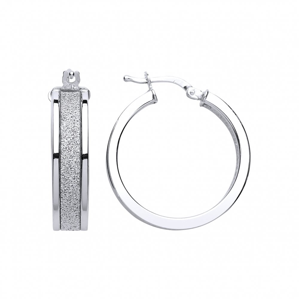 925 Sterling Silver Moondust & Polished Round 25mm Hoop Earrings