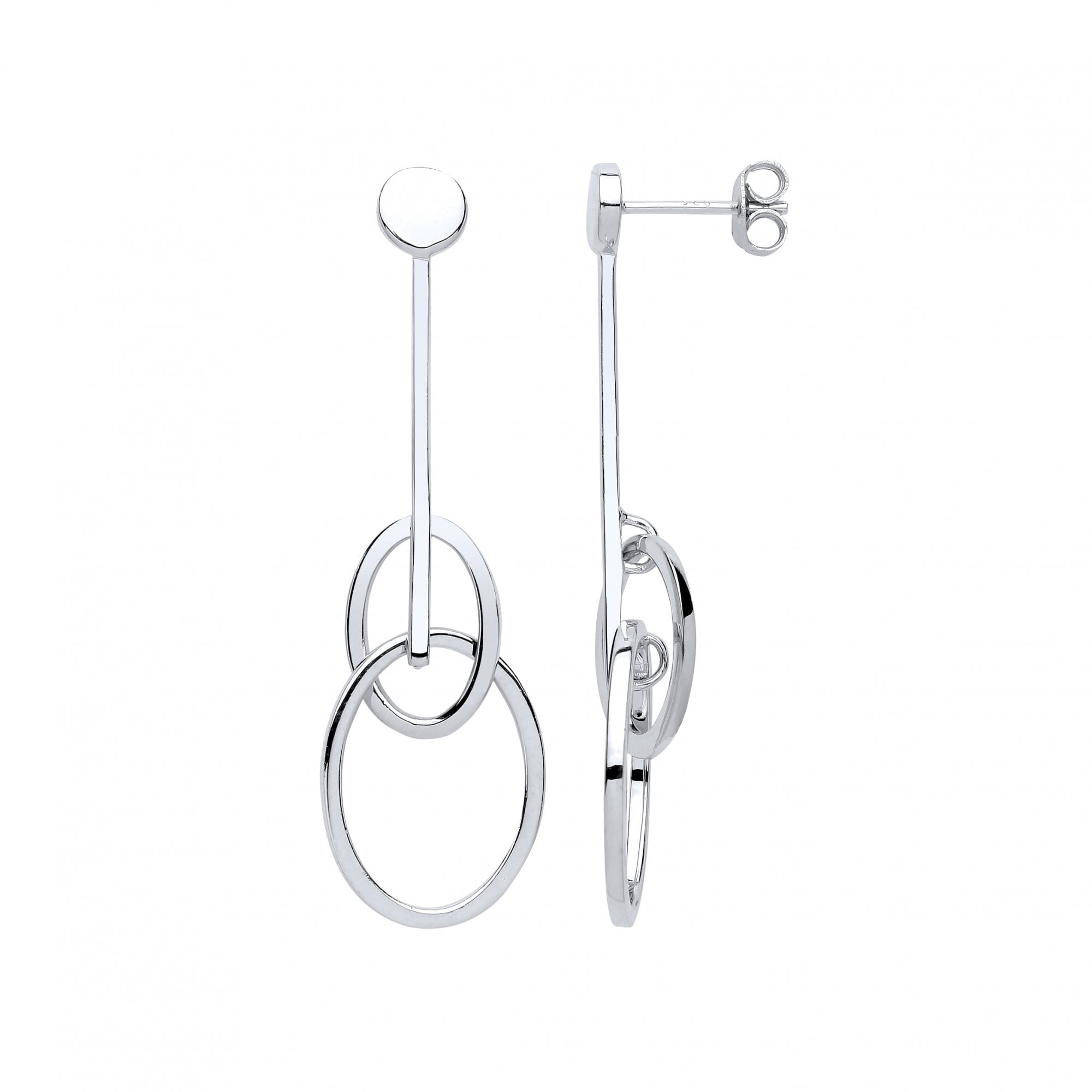 925 Sterling Silver Line & Double Oval Detail Fancy Drop Earrings