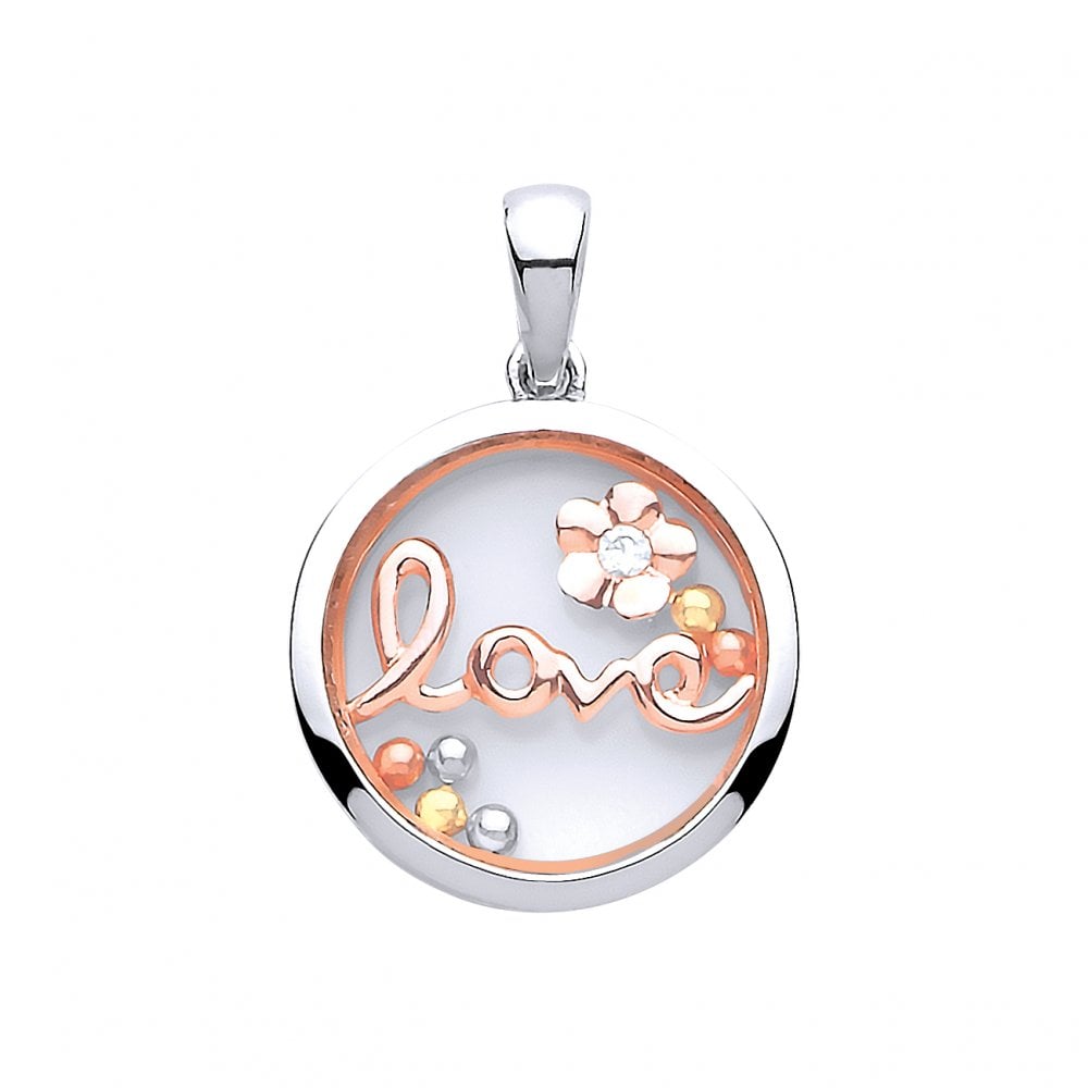 925 Sterling Silver & Rose Gold Sapphire Glass 'LOVE' Pendant