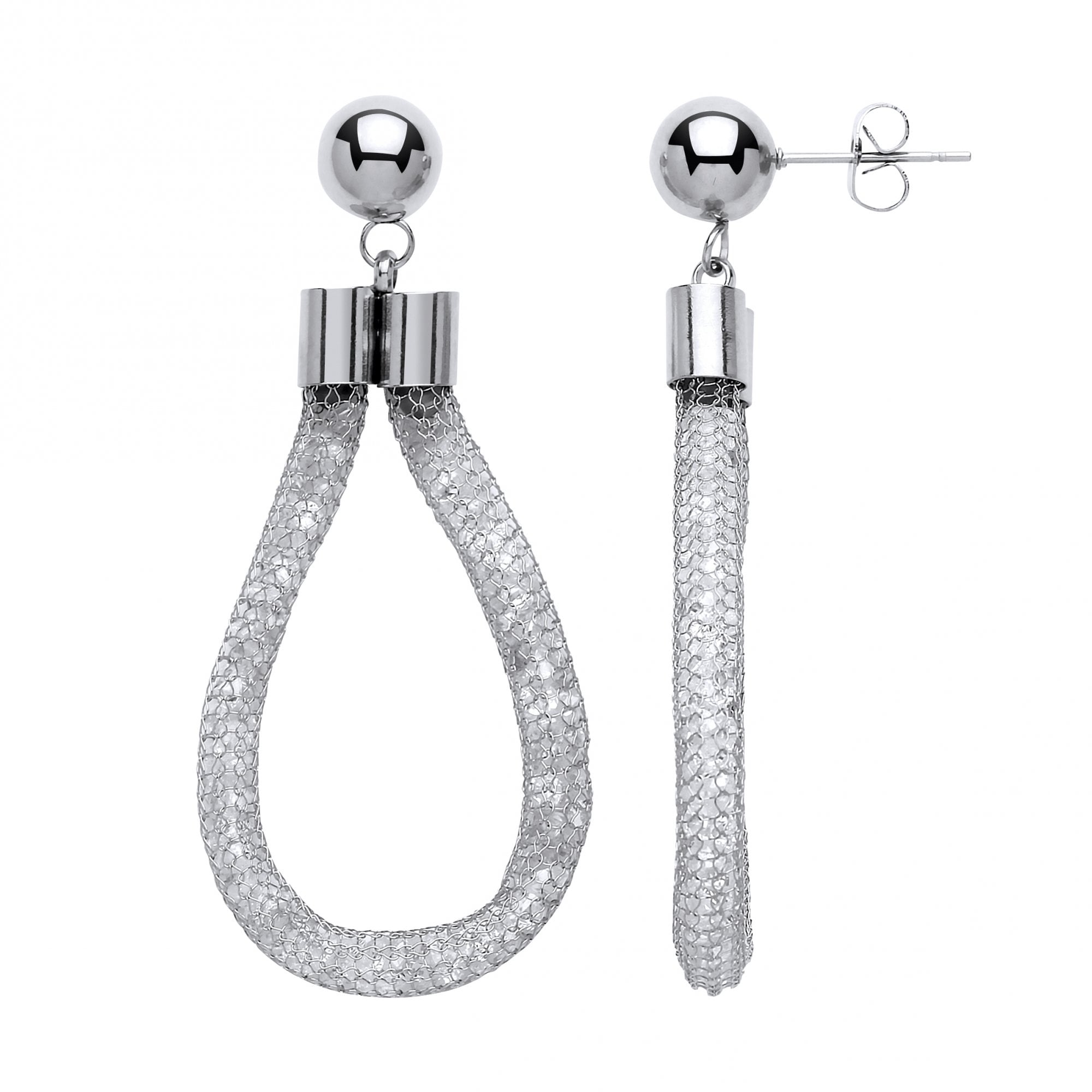 Stainless Steel Rhodium Plated Mesh & Crystal Drop Earrings