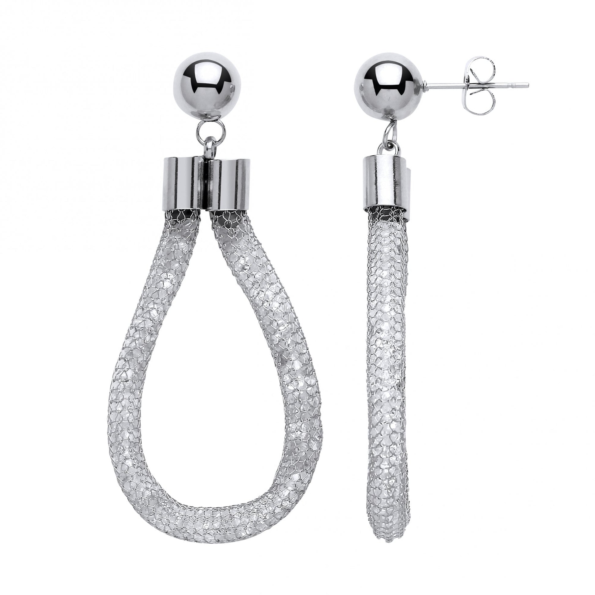 Stainless Steel Rhodium Plated Mesh & Crystal Drop Earrings