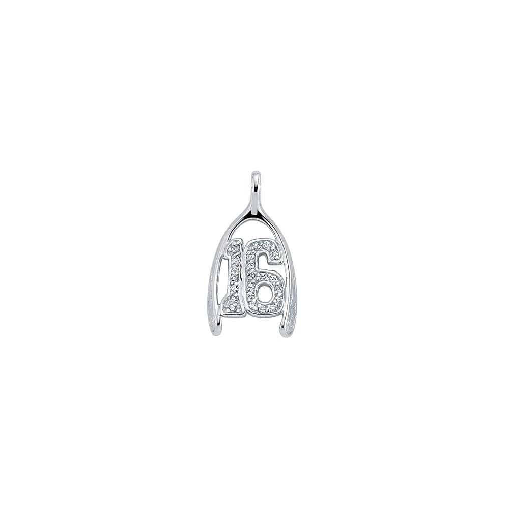 925 Sterling Silver CZ Horseshoe '16' Pendant