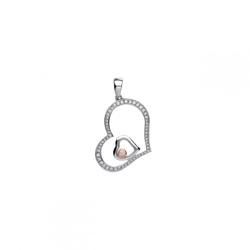925 Sterling Silver Double Heart Pendant With Floating Rose Gold CZ Stone