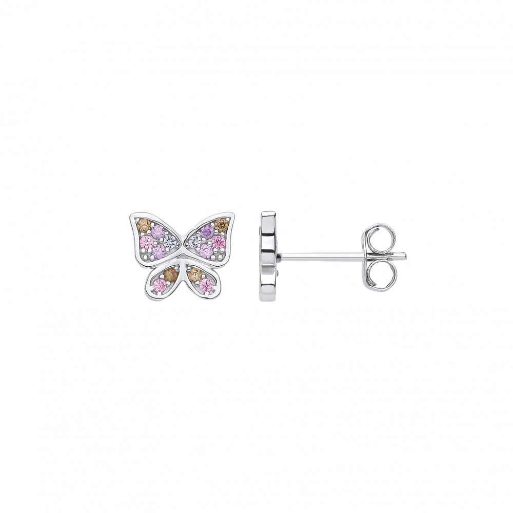 Silver CZ Multi-Color Butterfly Stud Earrings