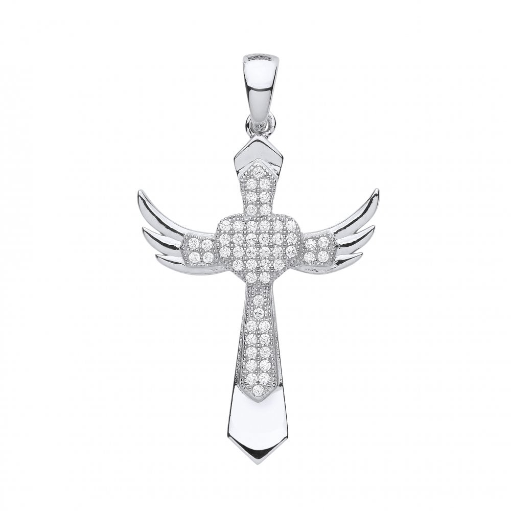 Silver CZ Heart Wing Cross Pendant
