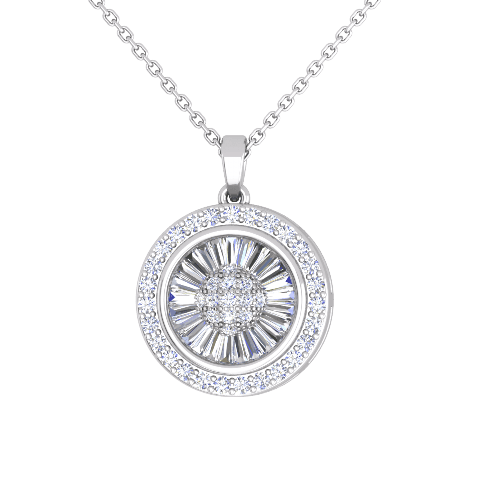 Silver Platinum Plate CZ Round Baguette Halo Pendant