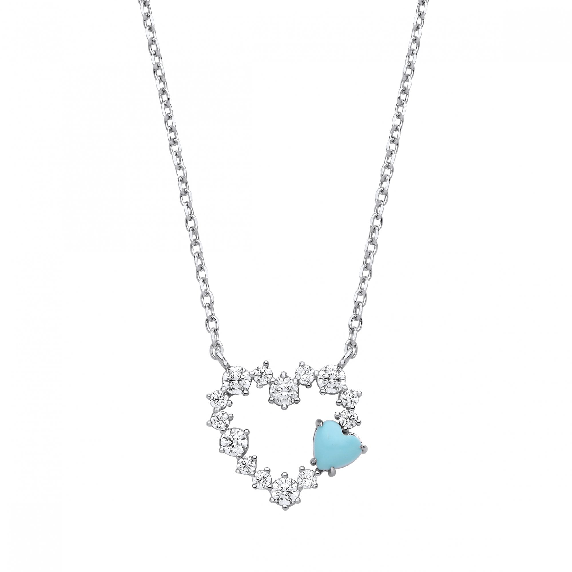 Silver CZ & Turquoise Enamel Heart Pendant Necklace