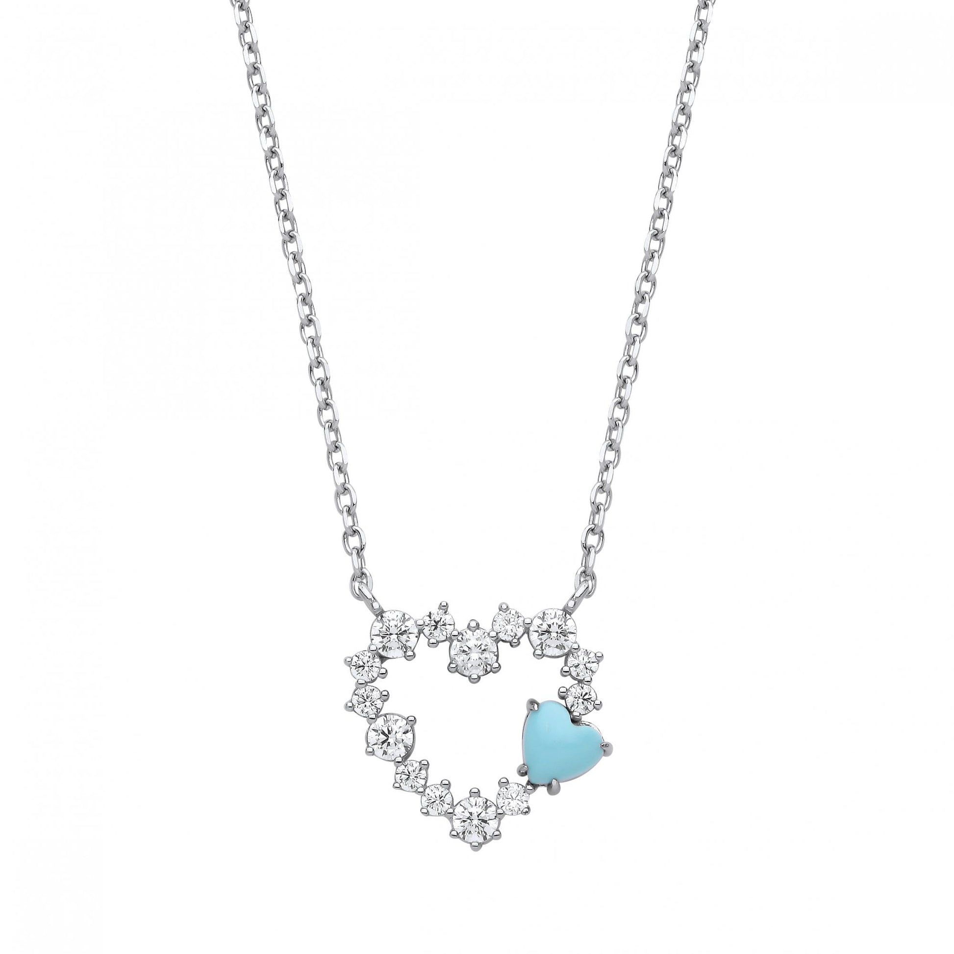 Silver CZ & Turquoise Enamel Heart Pendant Necklace