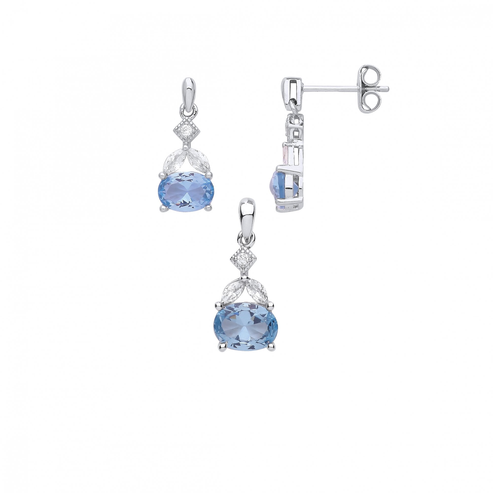 Silver CZ & Sky Blue Nano Earring & Pendant Set