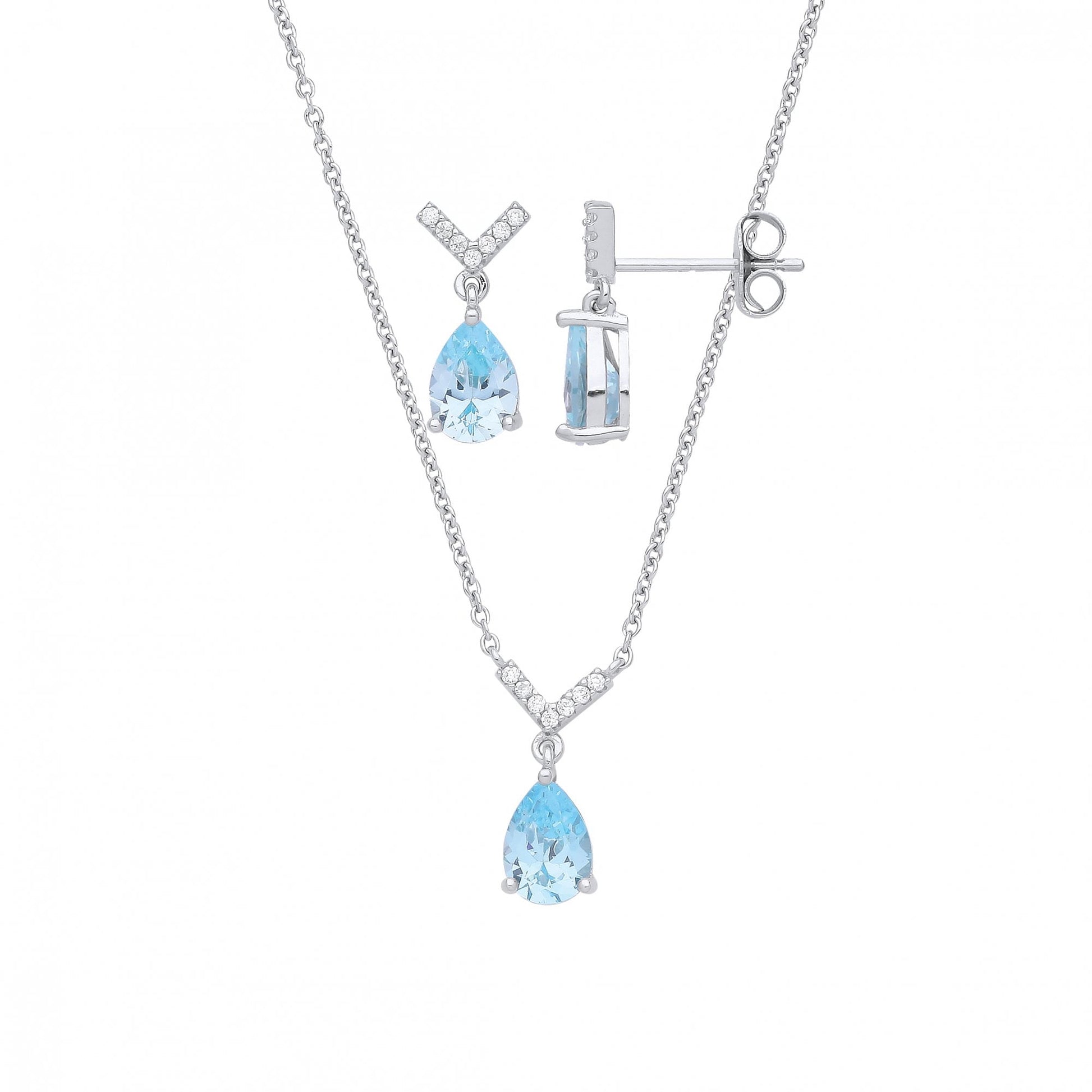 Silver CZ & Light Aquamarine CZ Earring & Pendant Set