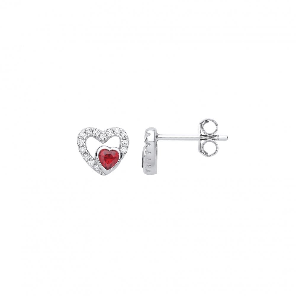 Silver CZ & Garnet Heart Stud Earrings