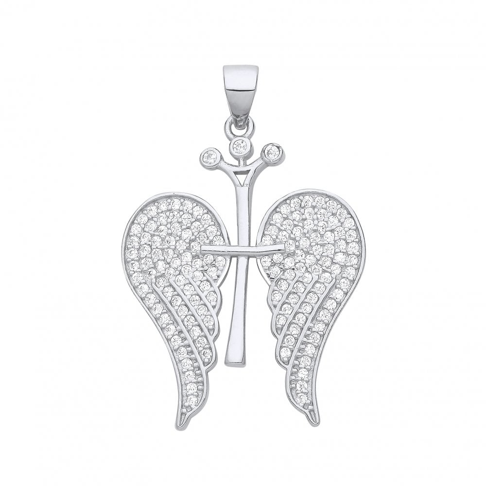 Silver CZ Agel Wings & Cross Pendant