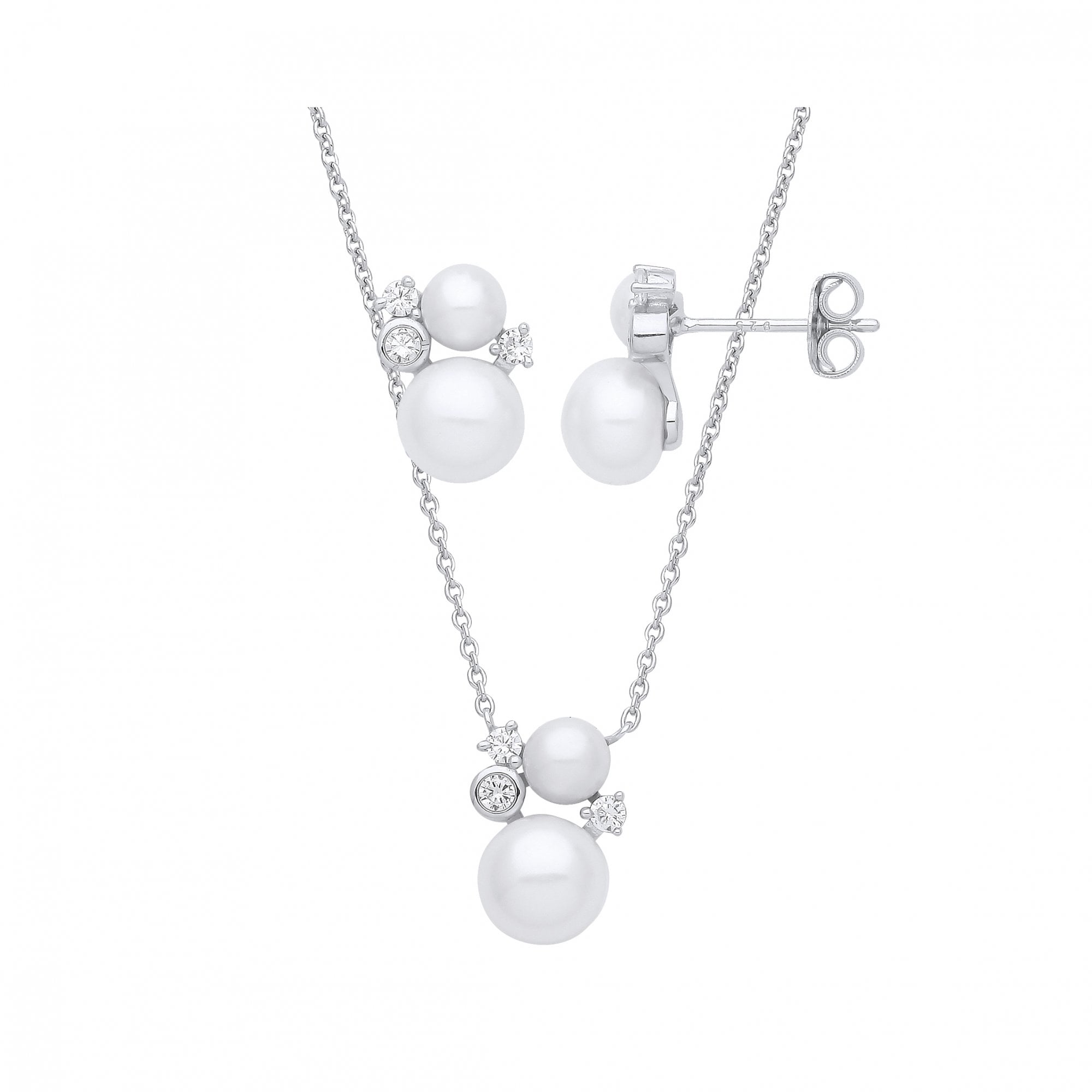Silver CZ & Pearl Earring & Pendant Necklace Set